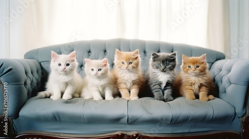 portrait photo of curious kittens on a row sitting on a couch generative ai photo