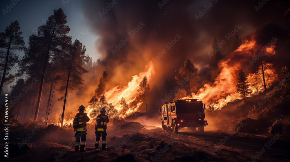 Firefighters extinguish the fire. Burning forest concept. Generative AI