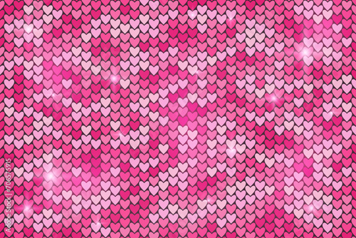 Abstract rectangular shiny background with pink heart shaped sequins. Bright holiday decor with metallic glitter for banner, invitation, advertisement, card, event, party, Valentine's day