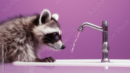 raccoon on a purple background in a bathtub with water flowing from the tap
