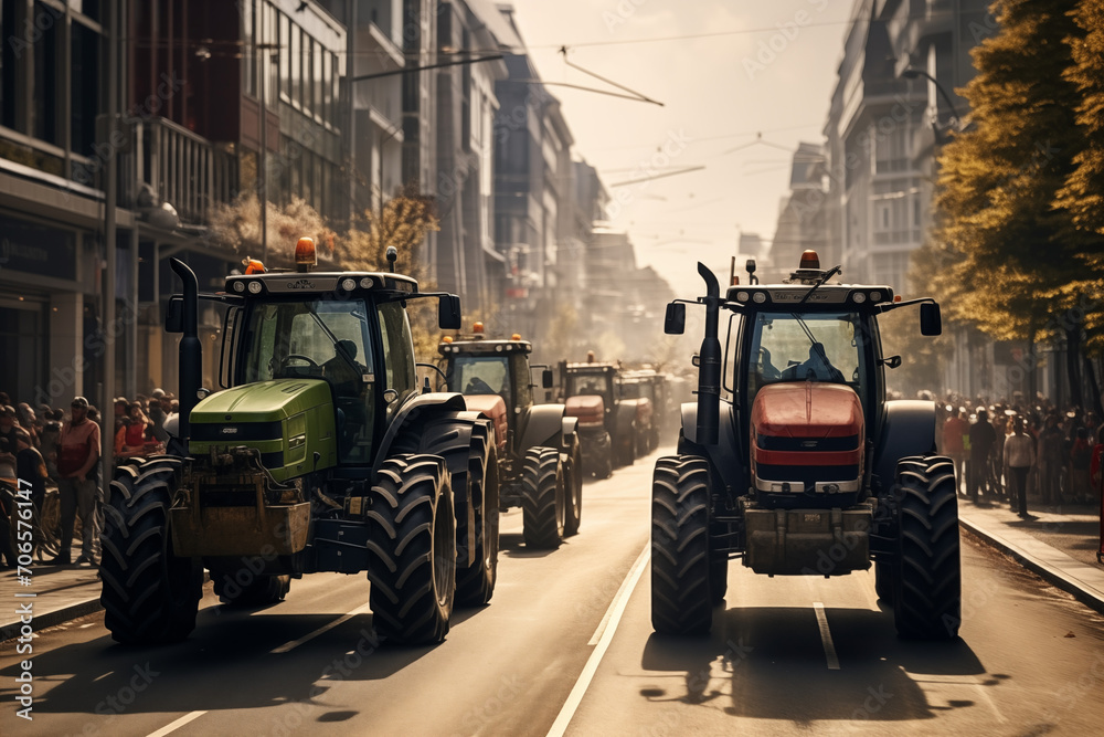 Bauern blockieren aus Protest die Straße mit ihren Traktoren, Demonstration der Landwirte - obrazy, fototapety, plakaty 
