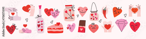 Groovy hippie love sticker set. Heart funny cartoon characters, icons, illustrations and happy valentine's day concept. Y2K aesthetic. Vector illustration.