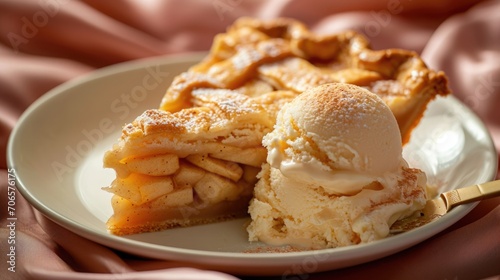 Food photography, apple pie slice with ice cream on top, cheese pull of the melting scoop on a luxurious silk tablecloth