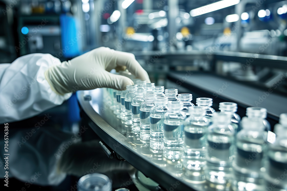 Pharmaceutical industry. Production line machine conveyor with glass bottles ampoules at factory. Pharmaceutical industry concept background. Pharmaceutical industry. Production line machine conveyor with glass bottles ampoules at factory. Pharmaceutical industry concept background.