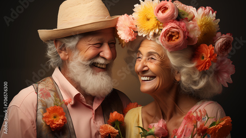 Portrait of an elderly happy couple in love, a man and a woman smiling joyfully. Generative AI © amixstudio