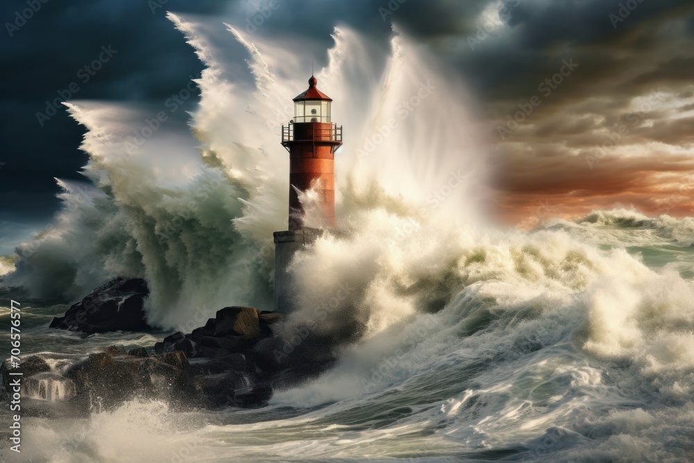 Blustery Lighthouse storm winter. Ocean clouds. Generate Ai