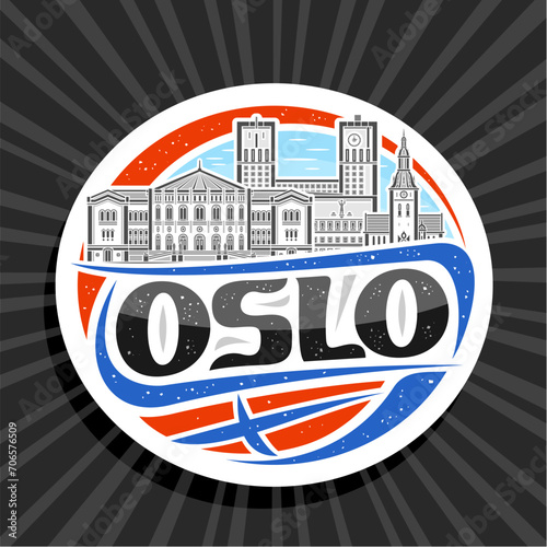 Vector logo for Oslo, white decorative label with line illustration of famous european oslo city scape on day sky background, art design refrigerator magnet with unique brush font for black text oslo