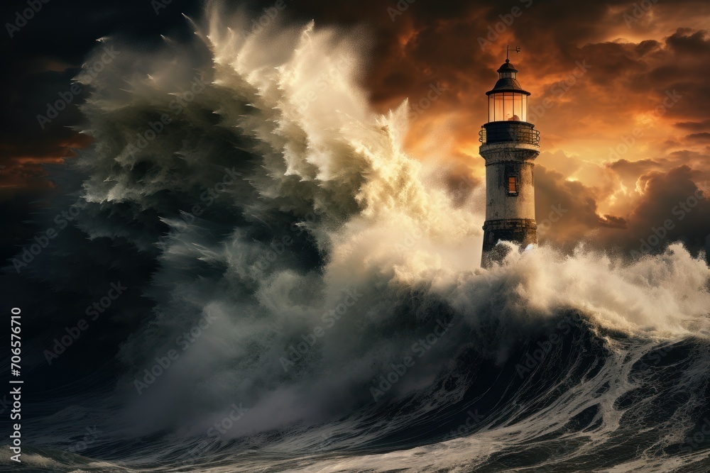 Bleak Lighthouse storm winter. Ocean clouds. Generate Ai