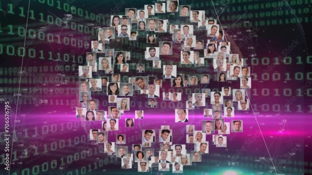 Animation of network of connections with business people over binary coding Animation of network of connections with business people over binary coding
