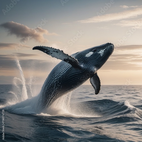 A hyper-realistic image of a humpback whale breaching in the ocean