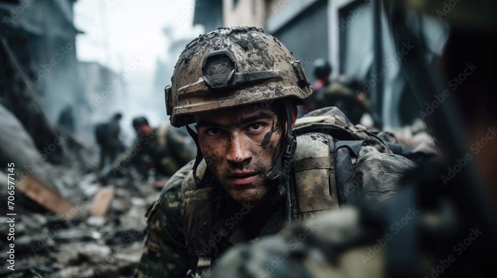 Obraz premium Dirty soldier from rescue team after the earthquake in helmet and army uniform searching through destroyed city and streets after earthquake or war rocket strike with emergency victims