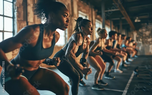 A group of enthusiastic individuals gathers in a gym, embodying the concepts of an active lifestyle and dedication to sport in a vibrant fitness club setting.