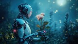 A robot tenderly holding roses, standing amidst a night garden bathed in moonlight. The concept of artificial intelligence recognizing and appreciating natural beauty.