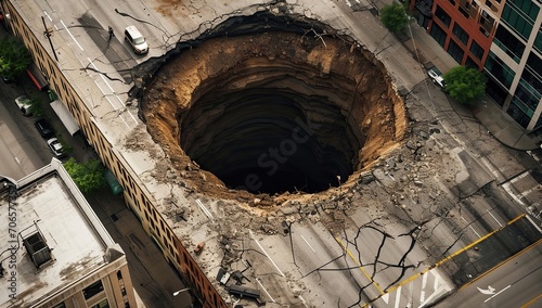 A giant chasm on a city street, land collapse. The concept of urban accidents and ground instability.