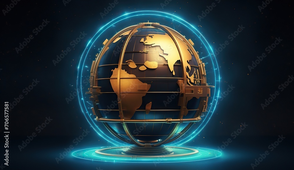 A golden globe against a dark space background with blue neon outlines. The concept of globalization and international connection. A golden globe against a dark space background with blue neon outlines. The concept of globalization and international connection.