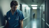 A male doctor in a blue medical coat with a sad expression walks through a hospital corridor. The concept of seriousness and stress in the medical field.