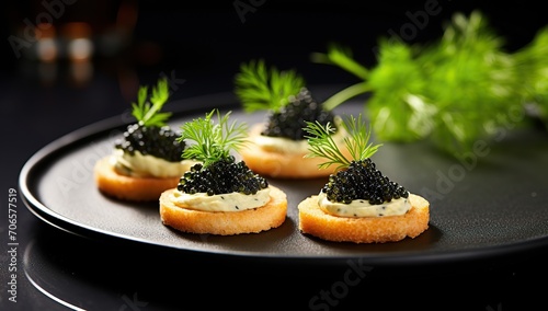 Cookie with black caviar and cream on a dark plate. The concept of haute cuisine and elegance photo