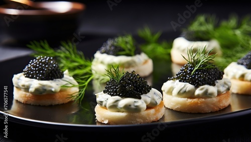 Fototapeta Naklejka Na Ścianę i Meble -  Set of snacks with black caviar on a black plate. The concept of a refined appetizer and elegance.