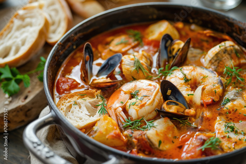 A pot of bouillabaisse, a traditional Provencal fish stew with seafood, herbs and a rich broth