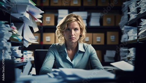 Young Caucasian blonde woman with a serious expression sitting at a table in an archive. The concept of professional responsibility and concentration.