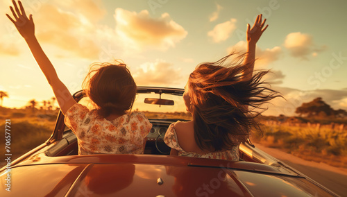 Two women enjoying a car ride at sunset. The concept of freedom and adventure.