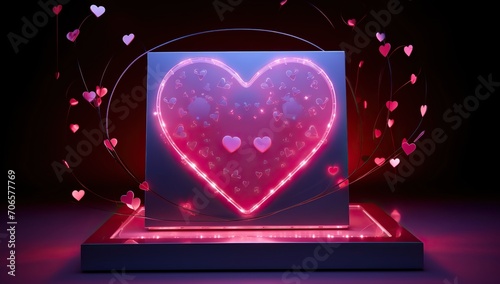Neon heart with floating hearts in the air on a dark background, creating a sense of romance and celebration. The concept of Valentine's Day.
