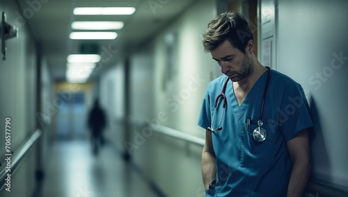 A young Caucasian man in a medical blue uniform bows his head in a hospital corridor. The concept of professional burnout in the medical field. photo