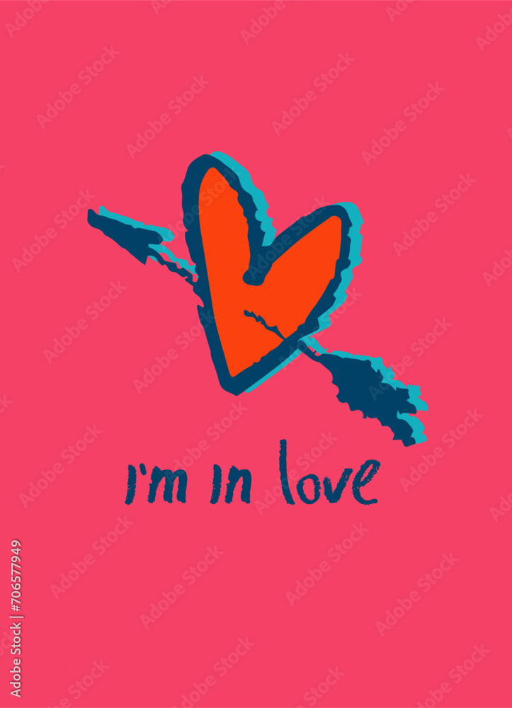 Card with a heart hand drawn like a sketch. Retro 60s, 70s design. Vector element for greeting card, social media post. Love, Romance, Valentines Day concept Card with a heart hand drawn like a sketch. Retro 60s, 70s design. Vector element for greeting card, social media post. Love, Romance, Valentines Day concept