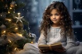 Adorable Little girl sitting near Christmas tree. Happy holiday in family house. Generate Ai