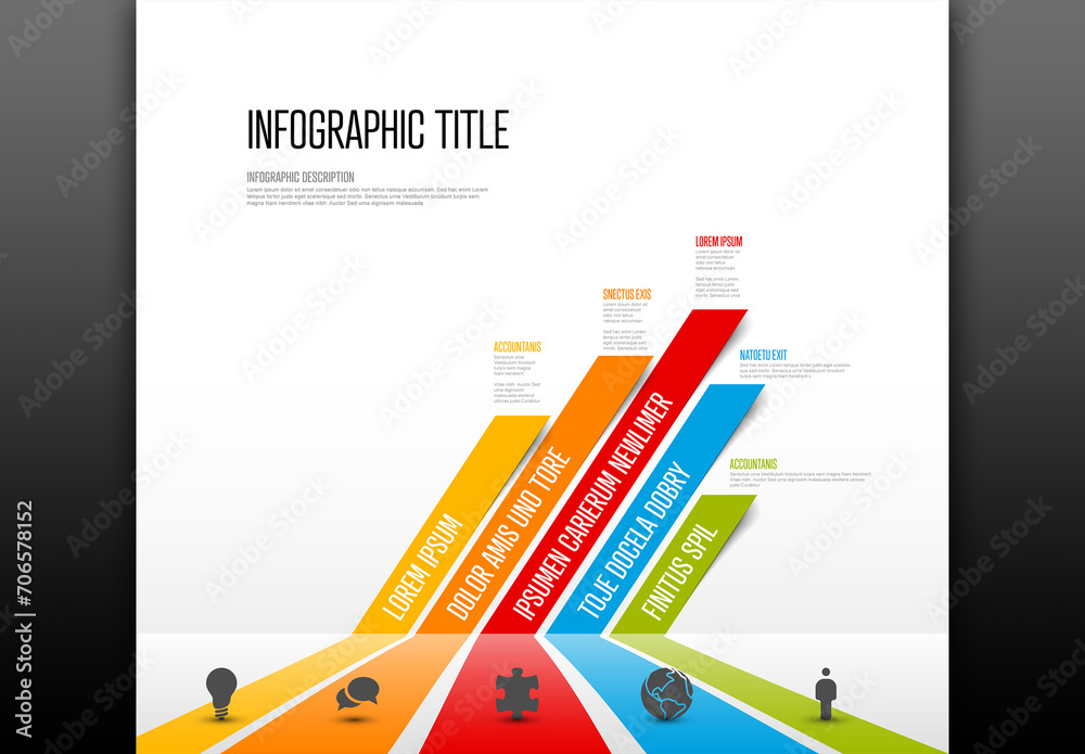 Light Infographic graph schema with five column stripes icons and description