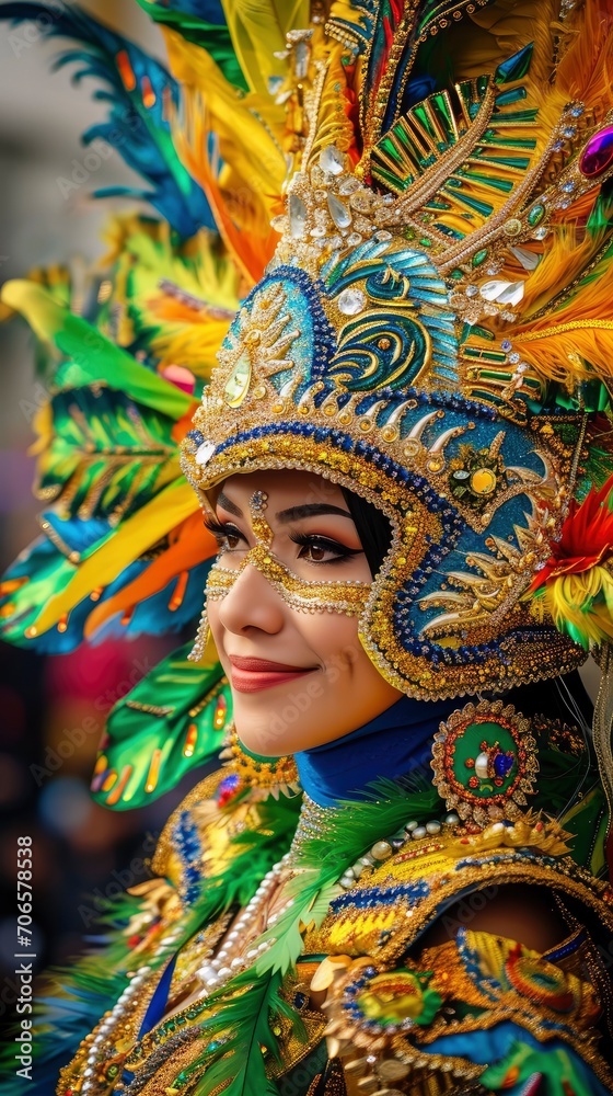 Dazzling Oruro carnival young pretty woman participant in a beautiful costume