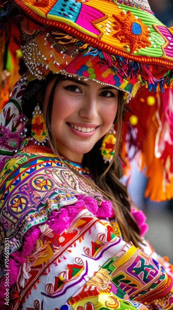 Dazzling Oruro carnival young pretty woman participant in a beautiful costume