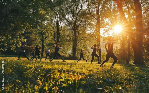A sizable gathering of fit and active individuals engage in outdoor exercise amidst nature, partaking in stretching exercises to enhance their physical well-being 