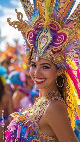Dazzling Tenerife carnival young pretty woman participant in a beautiful costume