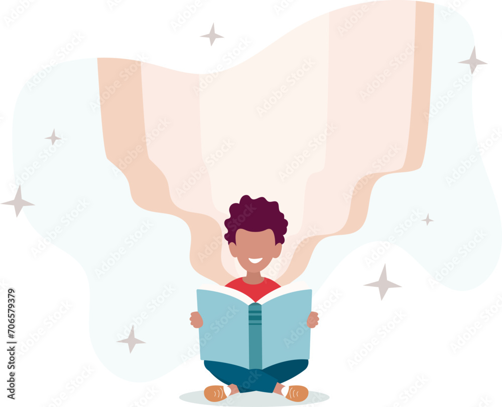 Boy reading a book.education and imagination concept.flat vector illustration.