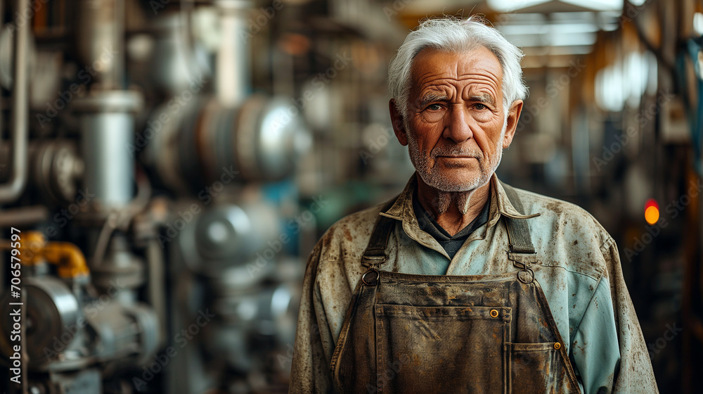 Portrait of a worker old man in a factory.