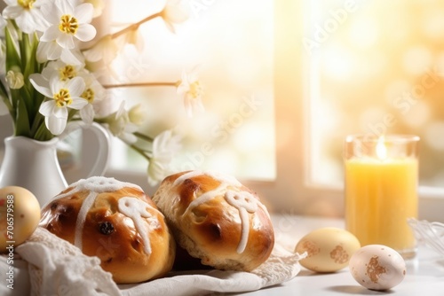 Hot cross buns with freshly squeezed juice on a table in a country cottage, Good Friday, a religious holiday. Sun rays from the window. High quality photo