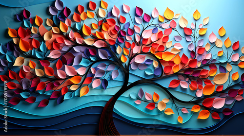 Fototapeta Naklejka Na Ścianę i Meble -  Elegant colorful tree with vibrant leaves hanging branches. 3d abstraction wallpaper