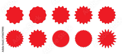 Zig-zag circle collection in red color. Circle with sharp and rounded waves edge. Sale and big set of red zig-zag circle sticker, Sale and discount template sticker. Red sale labels isolated. photo