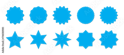 Stitched zig-zag circle collection in sky blue color. Circle with sharp and rounded waves edge. Sale and big set of blue zig-zag circle sticker, Sale and discount template sticker. Blue sale labels. photo