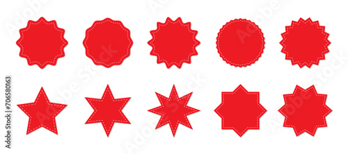 Stitched zig-zag circle collection in red color. Circle with sharp and rounded waves edge. Sale and big set of red zig-zag circle sticker, Sale and discount template sticker. Red sale labels isolated.