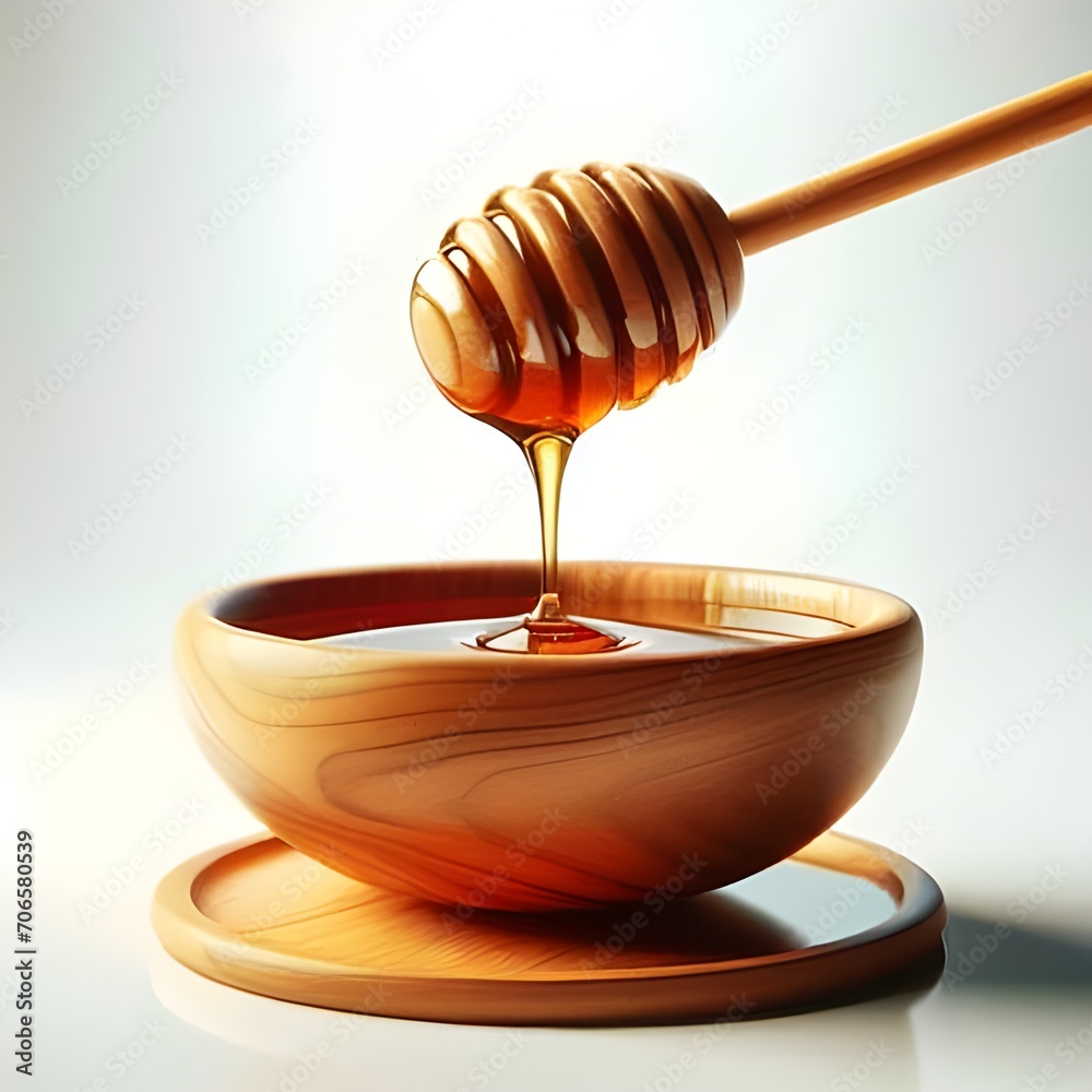 3D illustration of honey dripping into a wooden bowl from wooden honey dipper in white background 3D illustration of honey dripping into a wooden bowl from wooden honey dipper in white background