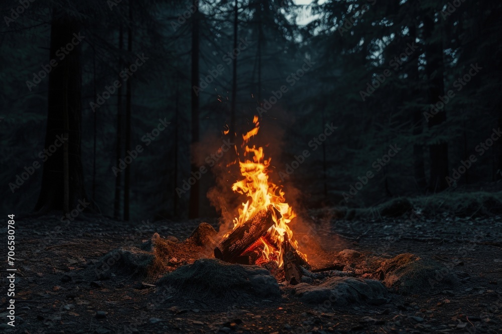 Bonfire lit at night illuminating a dark forest. Bonfire lit at night illuminating a dark forest.