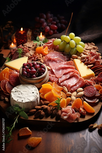 beautiful and tasty cut sausage,cheese.Board with snacks. Cold cuts
