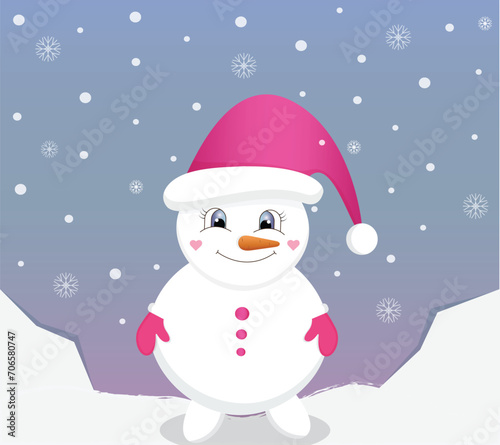 Cute cartoon snowman with a pink hat and mittens. Winter vector illustration on a gradient background with snow and snowflakes. © Elis Iskrytska