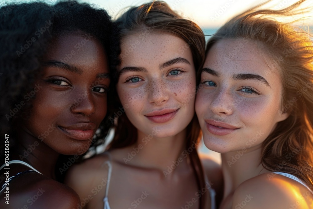 Young women of various ethnicities on the beach, cultural diversity concept. Young women of various ethnicities on the beach, cultural diversity concept.