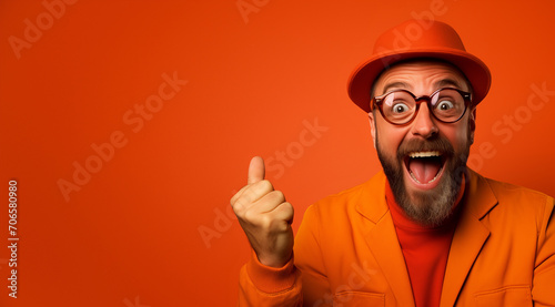 Homme heureux, criant, souriant, bras levés, poings serrés, arrière-plan orange, image avec espace pour texte photo