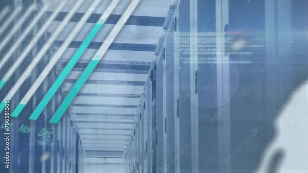 Animation of data processing and diagrams over server room Animation of data processing and diagrams over server room