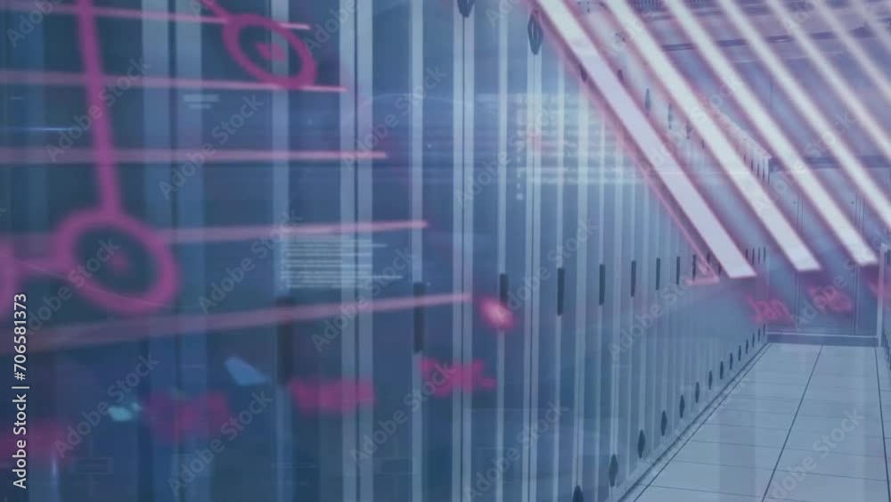 Animation of data processing and diagrams over server room