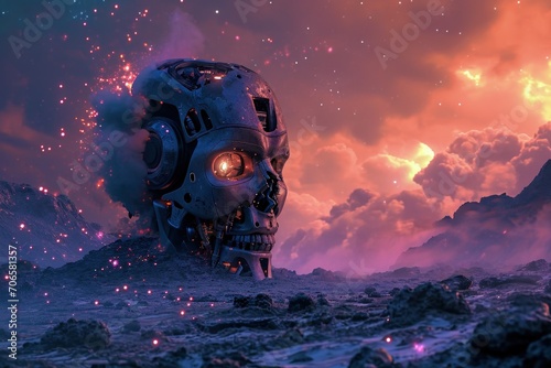 Giant robot head destroyed on the surface of an unknown planet, fantasy concept. photo